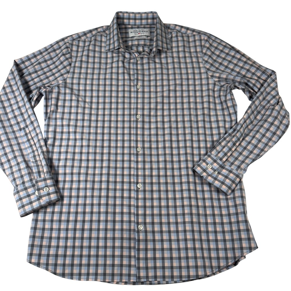 Mizzen+Main Leeward Dress Shirt Mens XL Blue Pink Check Stretch Performance Top